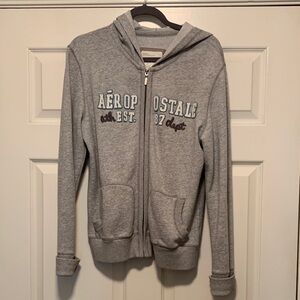 Aeropostale Gray and White Zippered Hooded Sweatshirt